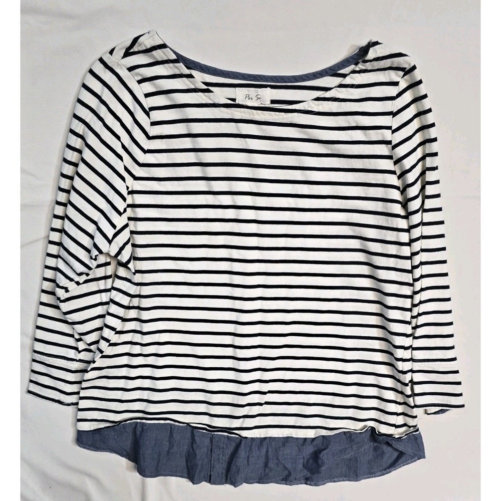 Per Se Women White Long Sleeve T-Shirt 1X Plus Striped